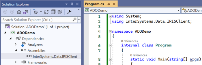 InterSystems ADO.Net client assembly shown as dependency in Solution Explorer