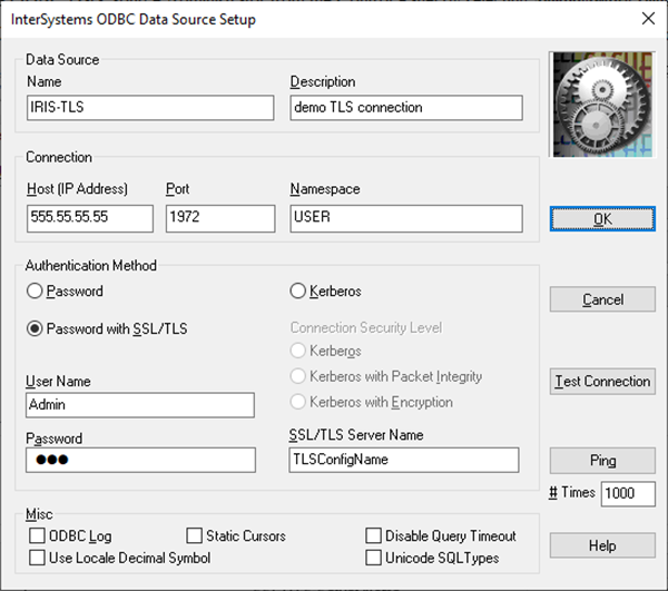InterSystems ODBC Data Source Setup dialog