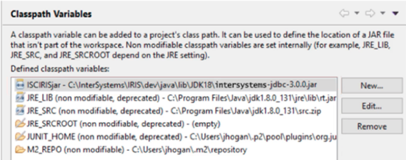 The InterSystems JDBC driver in the Classpath Variables window of the IDE