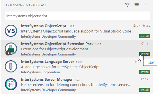 VS Code Marketplace search results for InterSystems
