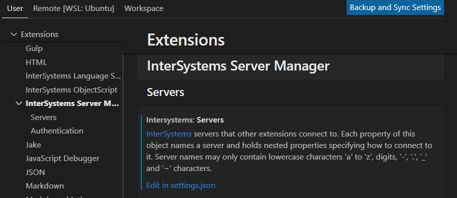 InterSystems Server Manager section of Settings Editor