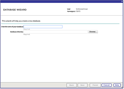 The Database Wizard begins by accepting the name and file location of the namespace's underlying database.