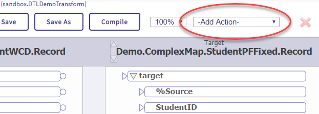 Add action drop-down in the DTL editor