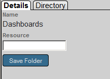 Details tab of the Folder Manager, showing the Resource field for the Dashboards folder and a Save Folder button.