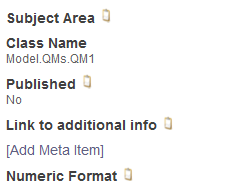 The fields in this section include Subject Area, Class Name, Published, Link to Additional Info, and Numeric Format.