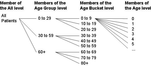 The top-level member of this cube, All Patients, is broken down into Age Groups, then into Age Buckets, and then Ages.