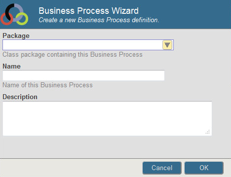 Business Process wizard with Package, Name, and Description field