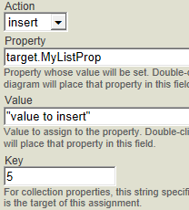 The action is insert for target.MyListProp, the Value field is value to insert, and the Key field is 5.