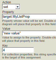 The action is set for target.MyListProp, the Value field equals new value, and the Key field equals 4.