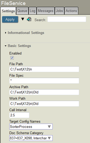 Setting tab of the Production Configuration page for a file service