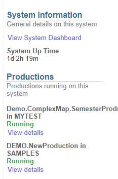 Sidebar showing the system up time as well as the status of two productions