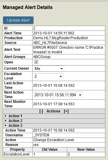 Managed Alert Details pane showing the alert ID, escalation level, and other details