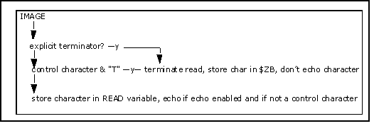 flowchart: explicit terminator or control char and 'T'? If Y, terminate, store in $ZB, no echo. If N, store in READ v