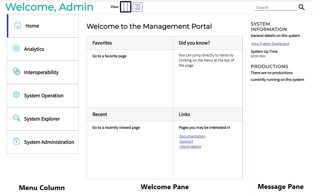 The Management Portal home page has a column of navigation links, some menu shortcuts, and general system information.