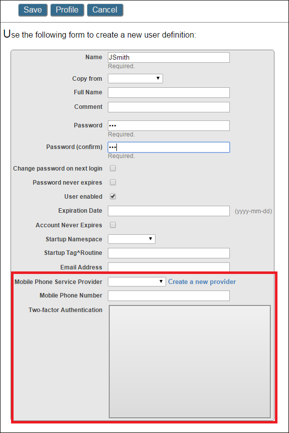 Settings related to two-factor authentication highlighted with a red box