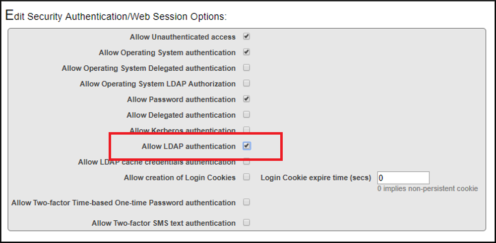 Allow LDAP authentication setting highlighted with red box