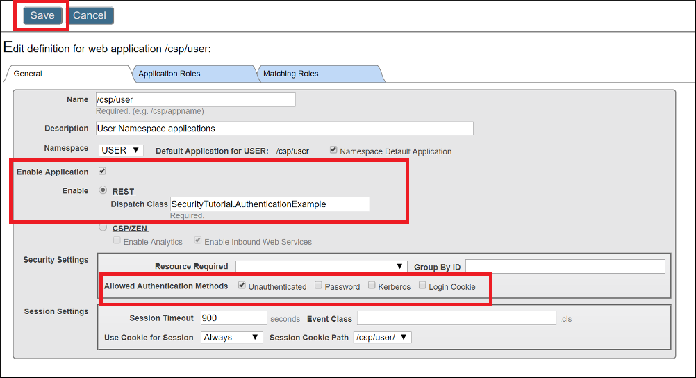 Save button, Enable Application setting, Enable setting, and Allowed Authentication Methods settings are highlighted