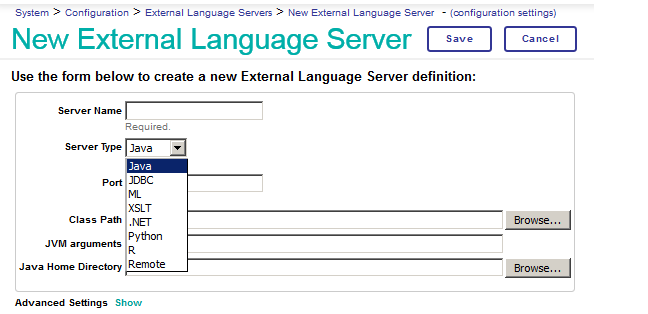 Dropdown list of server languages, Java selected