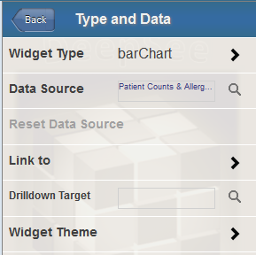 The Type and Data Source submenu contains: Widget Type, Data Source, Link to, Drilldown Target, and Widget Theme.