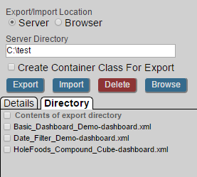 Directory tab of the Folder Manager, showing that three dashboards were exported as XML files to the folder C:\test\.