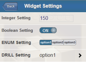 Sample settings for a widget, showing one integer setting, one boolean setting, one ENUM setting, and one DRILL setting.