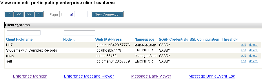 Enterprise Systems page displaying four client systems and their corresponding settings