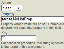 The action is clear for target.MyListProp and the Key field is a pair of quotes.