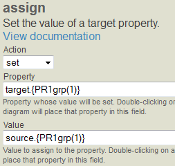 Virtual property path in the Property and Value fields of an assign action in a data transformation