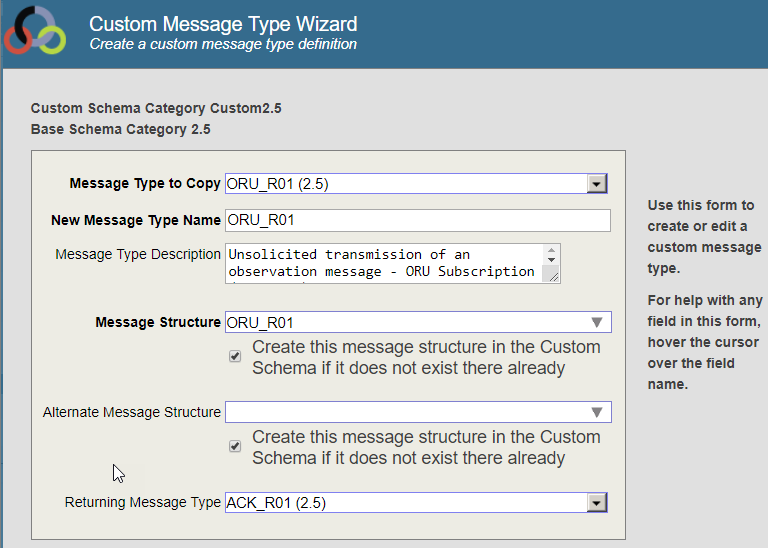 Custom Message Type Wizard with required fields Message Type to Copy, New Message Type Name, and Message Structure