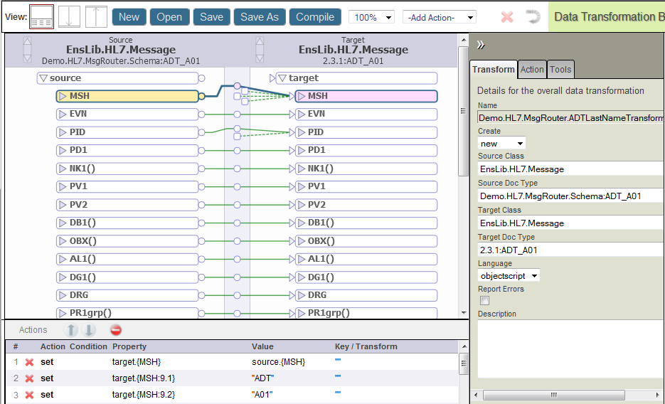 Source and target messages in the Data Transformation Builder