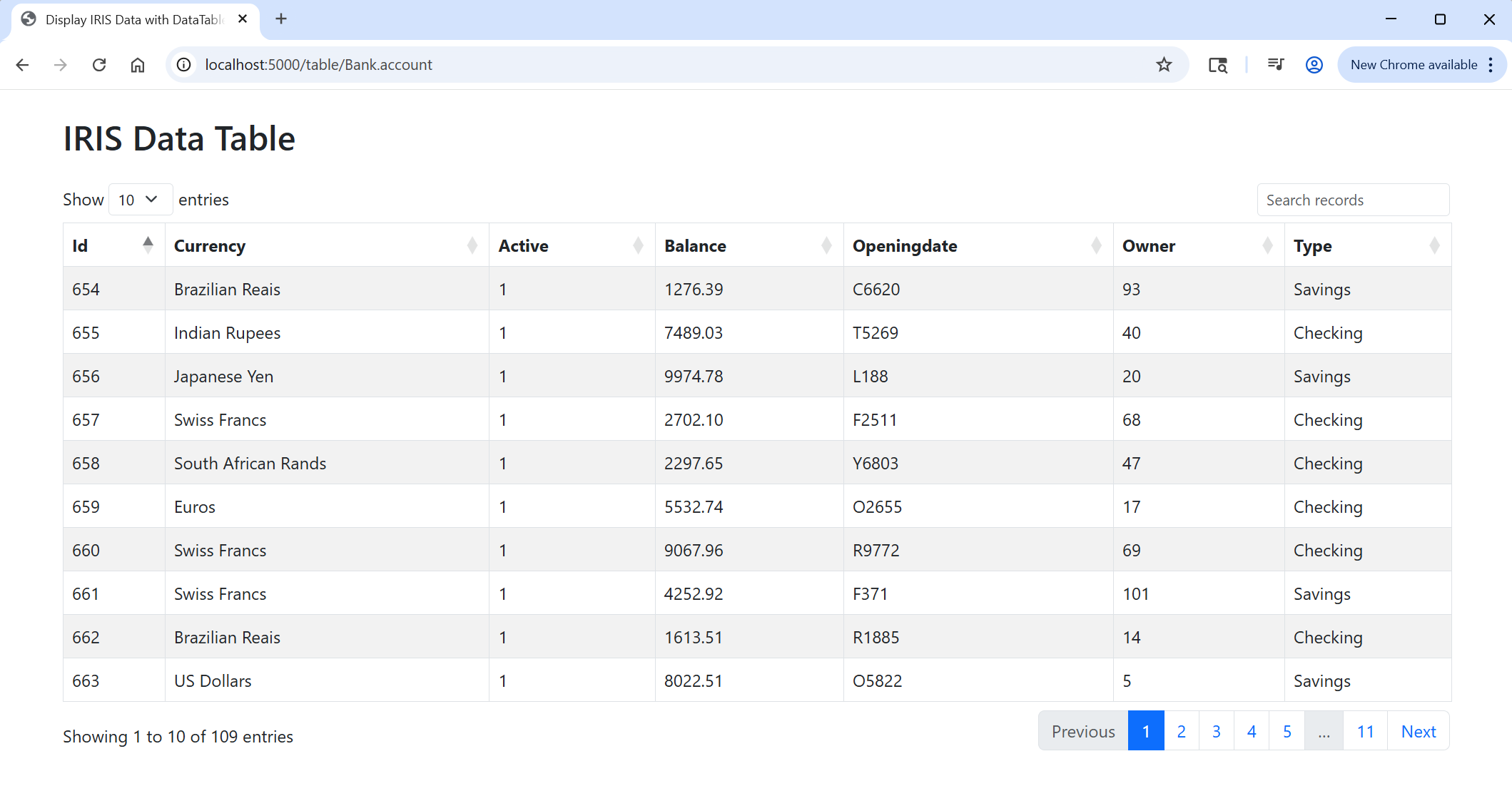 A Flask app that displays an interactive table of InterSystems IRIS data