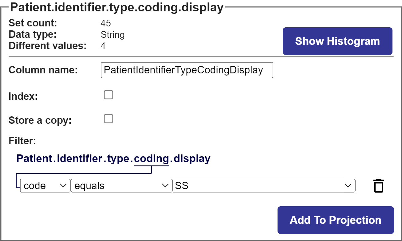 A filter on the coding node of the Patient resource tree that appeared by clicking coding