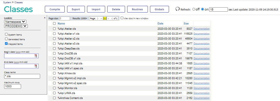 Classes page with automatic refresh every 15 seconds enabled