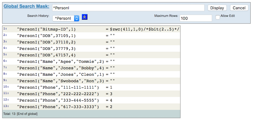 PersonI global showing 4 persons in the DOB, Name, and Phone indexes, and in a bitmap index