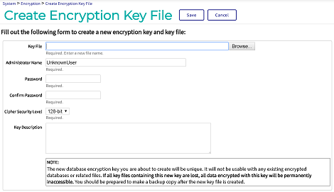 The page to create an encryption key requires the file location, the administrator username and password, and the key length.