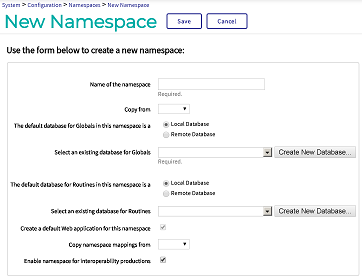 The New Namespace page allows you to specify the namespace name and other basic properties.