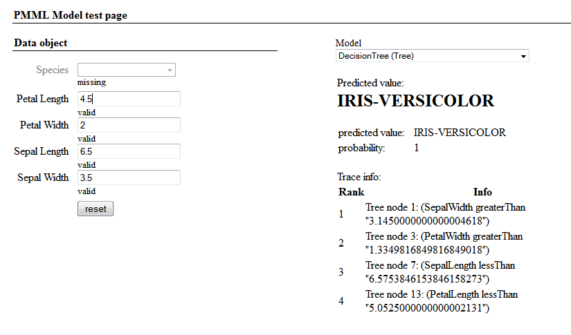 PMML model test page displaying the predicted value of IRIS-VERSICOLOR
