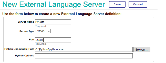 New External Server page (showing Python fields described below)