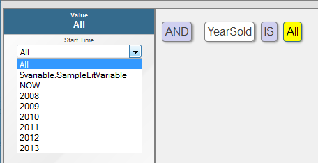 selector showing list of allowed values of sample variable