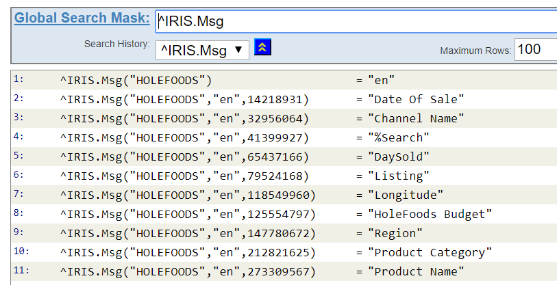 The Management Portal, showing the ^IRIS.Msg global containing a set of strings localized for English.