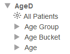 The AgeD dimension, expanded to show the All Patients member and the levels Age Group, Age Bucket, and Age.