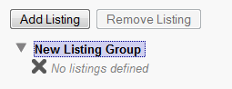 The left side of the Listing Group Manager screen, showing a new Listing Group with no listings yet defined.