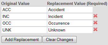 Range Expression editor, showing the string ACC is replaced by Accident, INC is replaced by Incident, and so forth.
