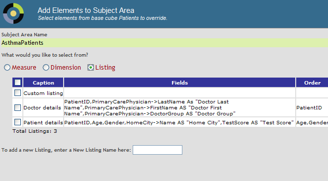 Add Elements to Subject Area dialog box, showing the listings, which include Doctor Details and Patient Details.