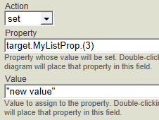 The Action is set for target.MyListProp(3), and the Value field equals new value.