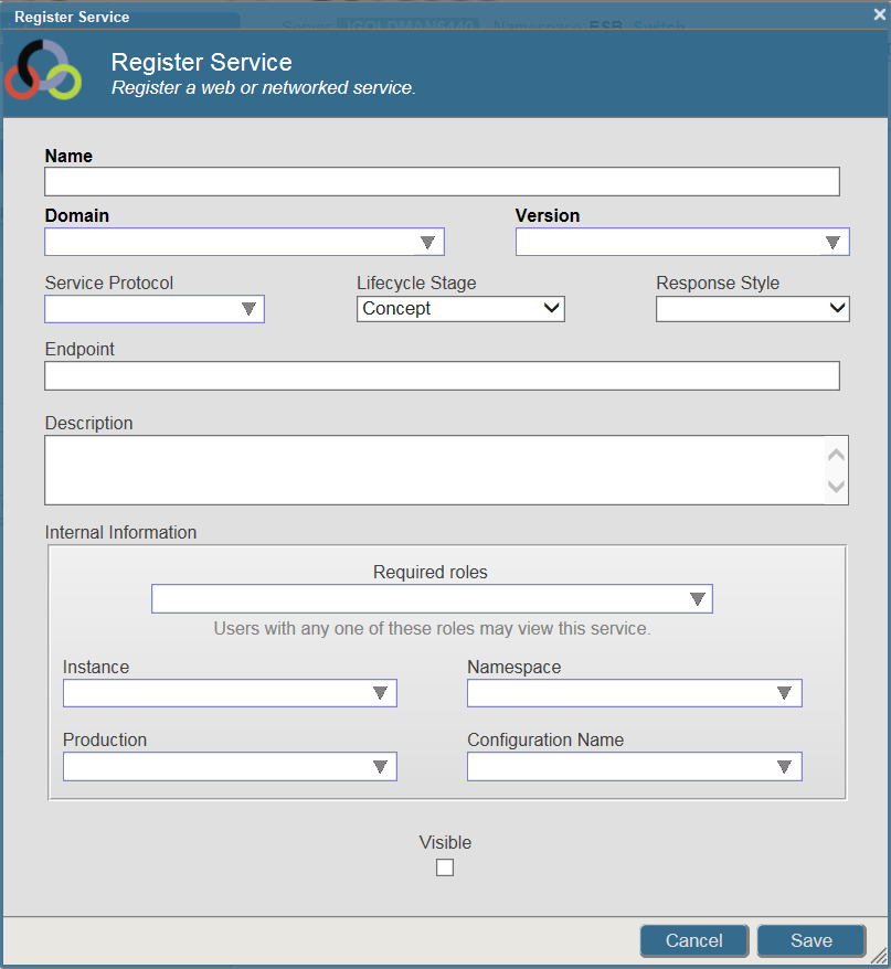 Register Service dialog box, which appears when you click New Service