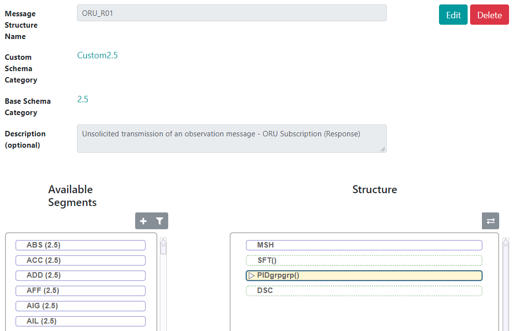 Current structure of message and available segments that can be added