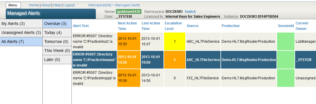 Managed Alerts page showing seven alerts, three of which are overdue