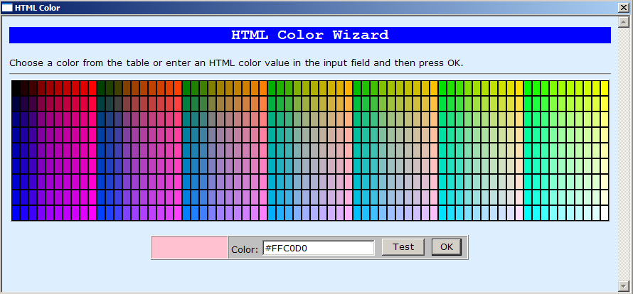 Shows the HTML color table, labeled HTML color wizard.
