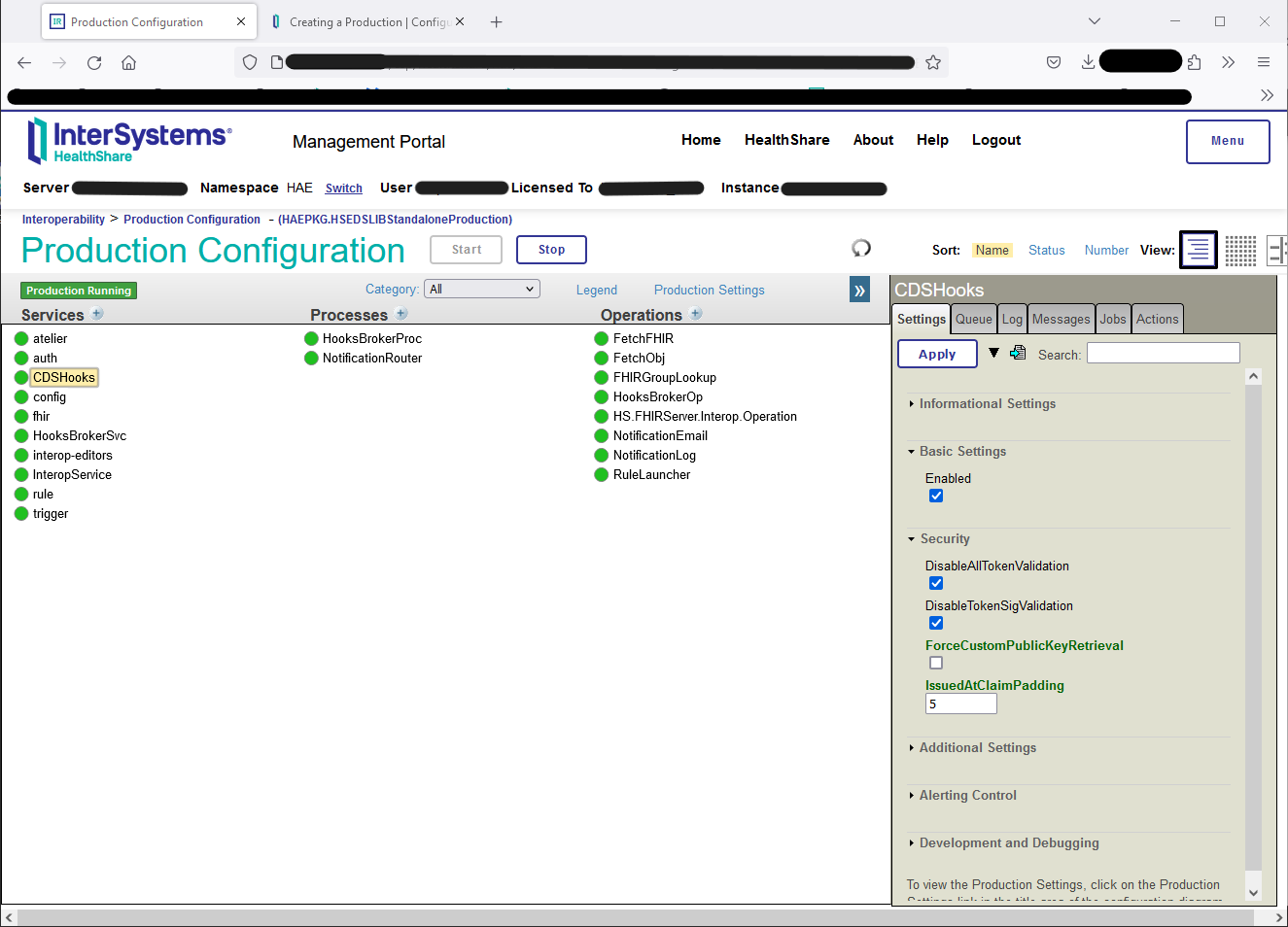 HAE production config with token validation disabled